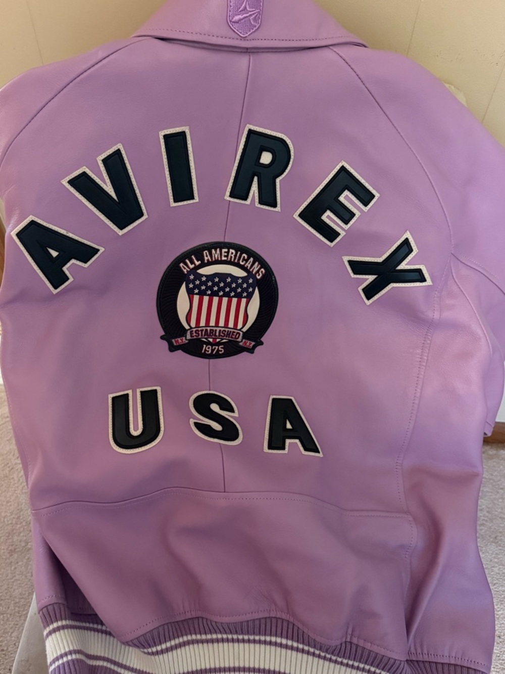 Avirex Lavender Leather Bomber Jacket with USA Patch - Picture 2 of 5